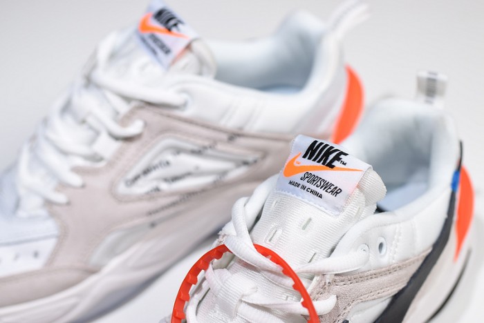ow x nike m2k tekno white, black & team orange a03108 058